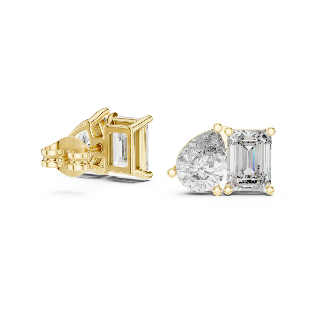 Pear Shape & Emerald Cut 4 ctw Diamond Toi et Moi Stud Earrings - E1152