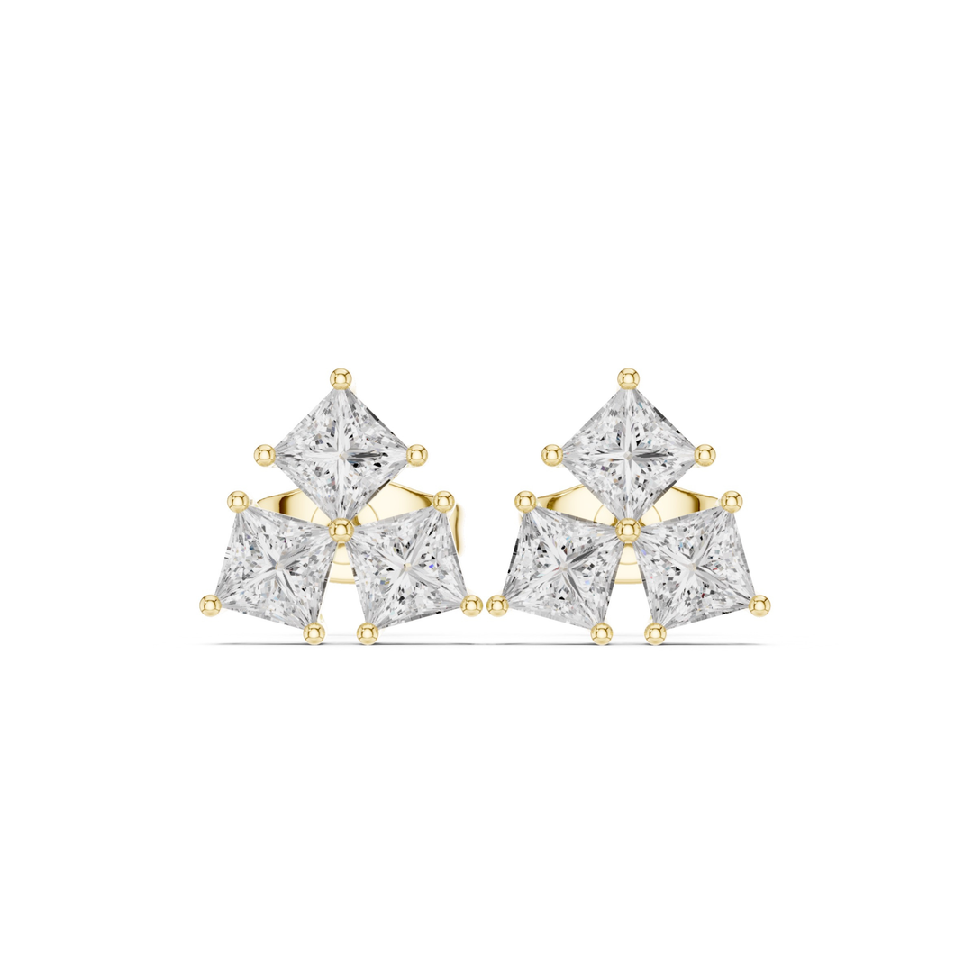 Three Stone Princess Diamond Stud Earrings  - E1126