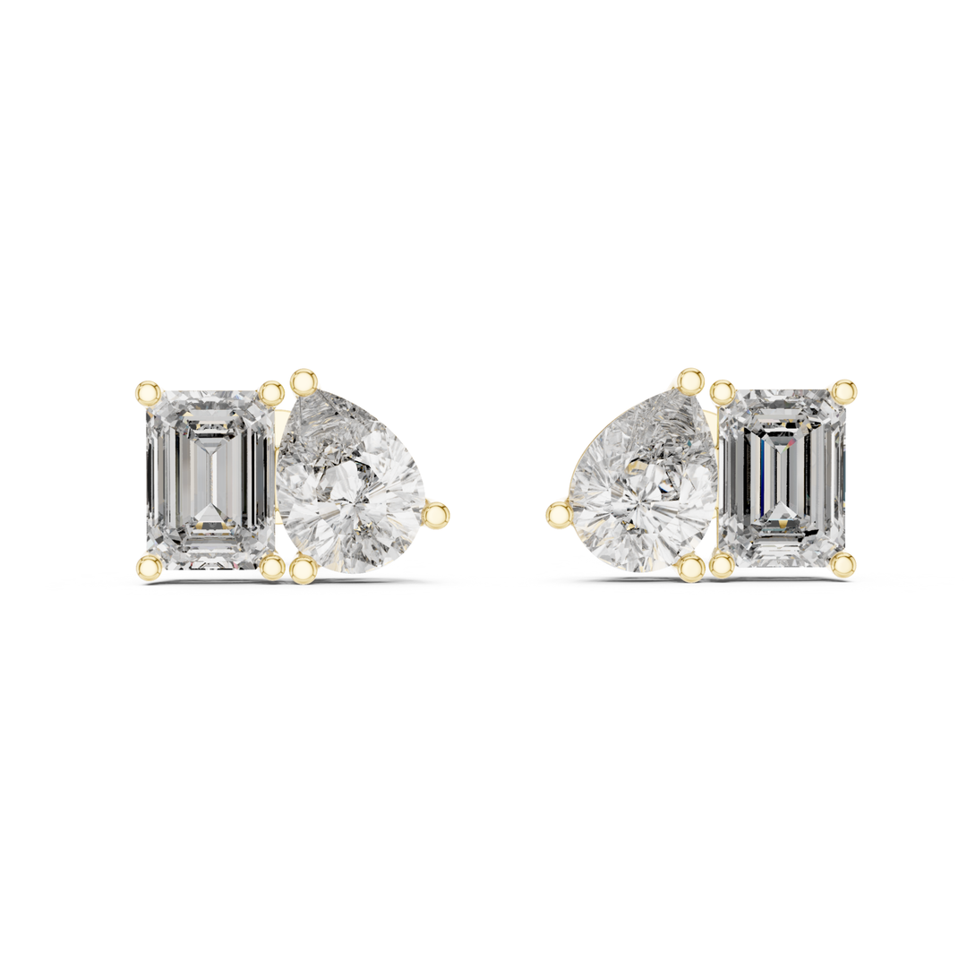 Pear Shape & Emerald Cut 4 ctw Diamond Toi et Moi Stud Earrings - E1152
