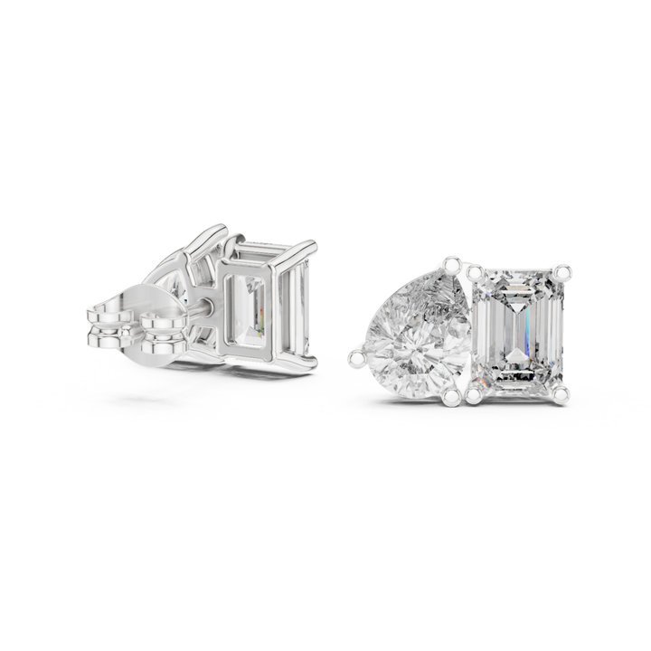 Pear Shape & Emerald Cut 4 ctw Diamond Toi et Moi Stud Earrings - E1152