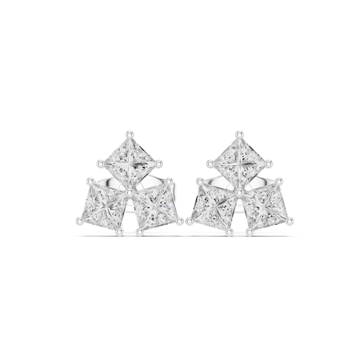 Three Stone Princess Diamond Stud Earrings  - E1126