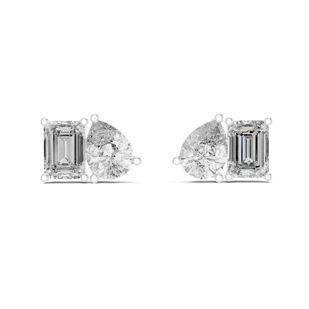 Pear Shape & Emerald Cut 4 ctw Diamond Toi et Moi Stud Earrings - E1152