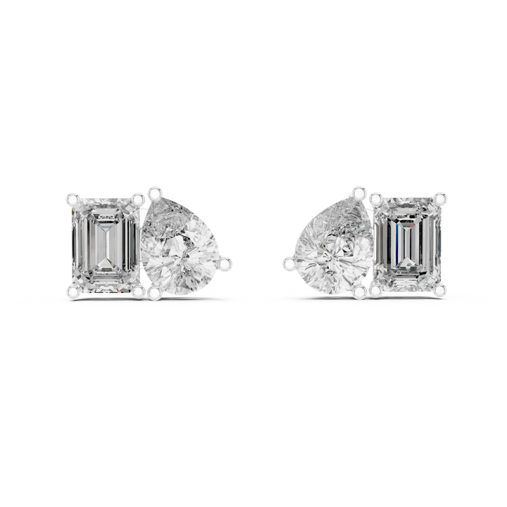 Pear Shape & Emerald Cut 4 ctw Diamond Toi et Moi Stud Earrings - E1152