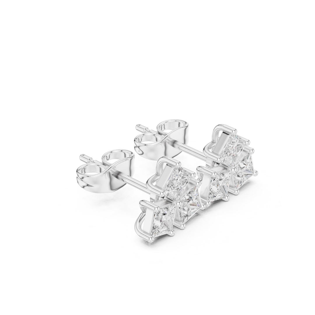 Three Stone Princess Diamond Stud Earrings  - E1126