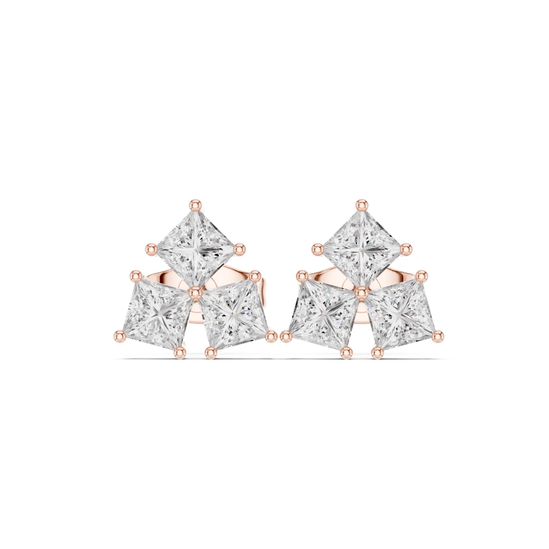 Three Stone Princess Diamond Stud Earrings  - E1126