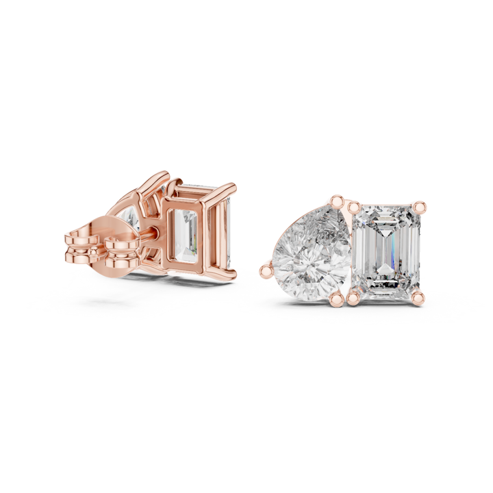 Pear Shape & Emerald Cut 4 ctw Diamond Toi et Moi Stud Earrings - E1152