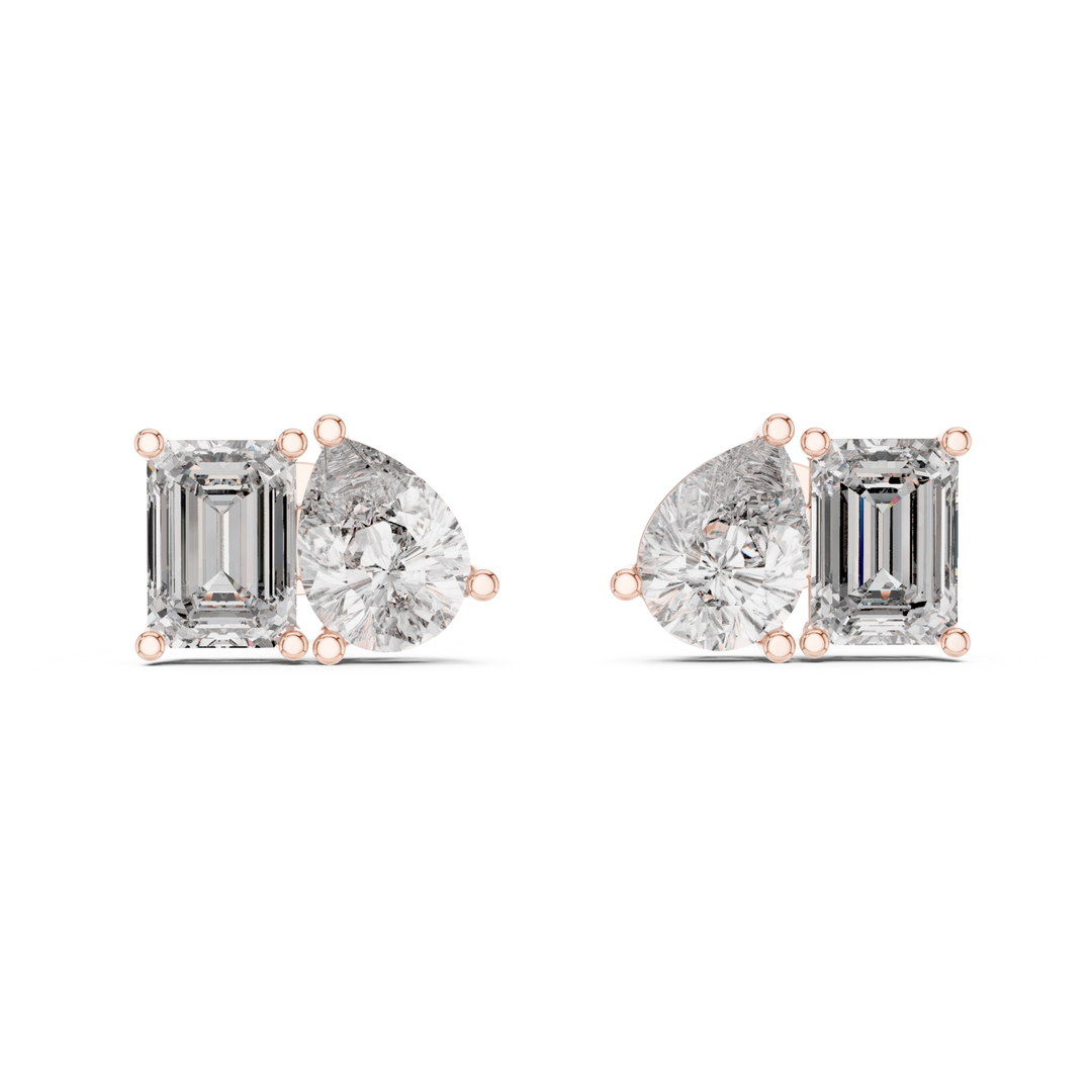 Pear Shape & Emerald Cut 4 ctw Diamond Toi et Moi Stud Earrings - E1152
