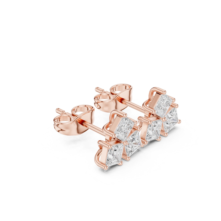 Three Stone Princess Diamond Stud Earrings  - E1126