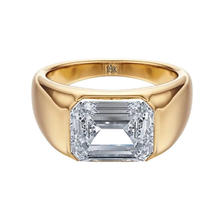 Emerald - Cut Diamond Gold Signet Ring - R1039 in Ring by 18 KARATS