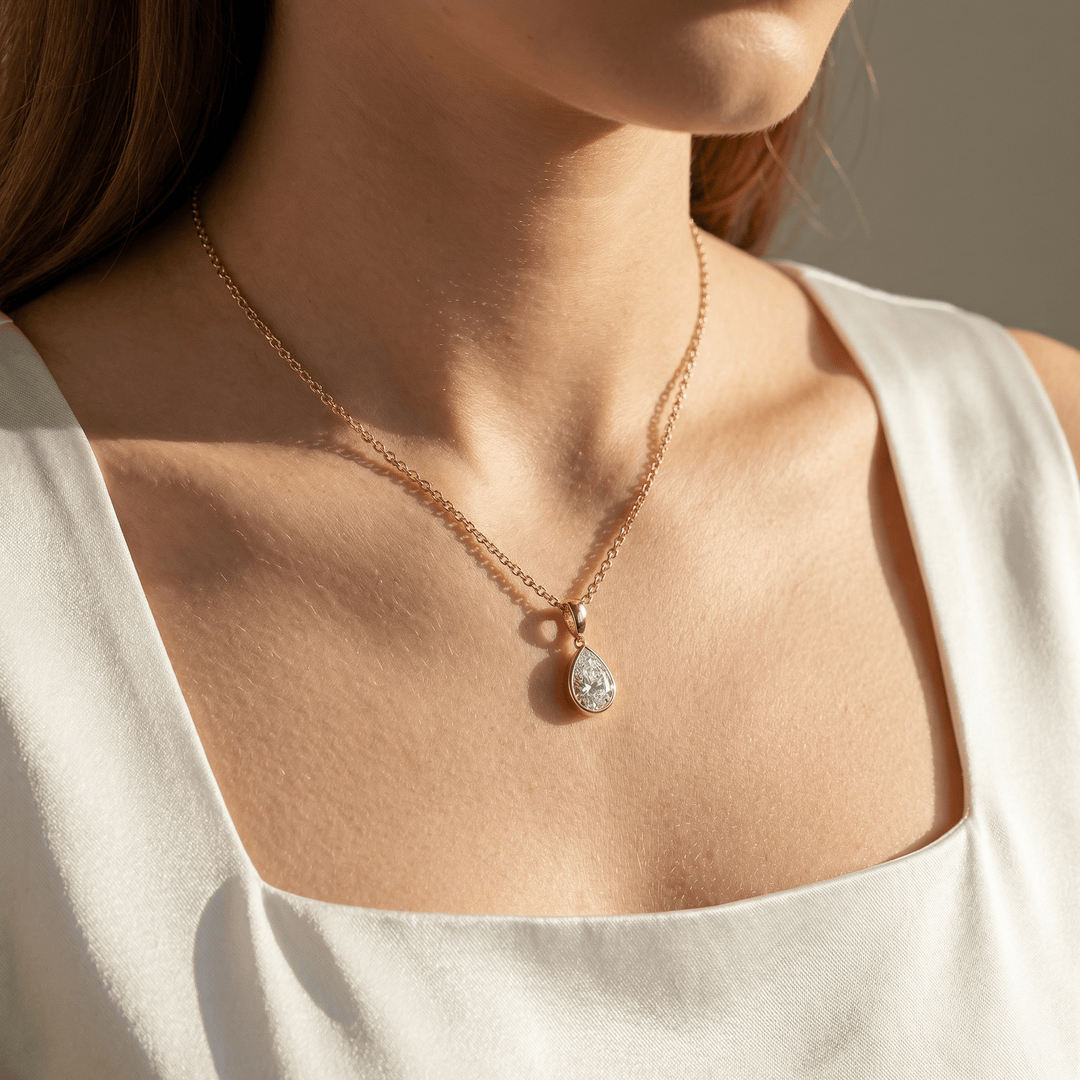 Pear - Cut Diamond Bezel Necklace - P1109 in Necklace by 18 KARATS