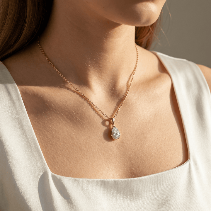 Pear - Cut Diamond Bezel Necklace - P1109 in Necklace by 18 KARATS