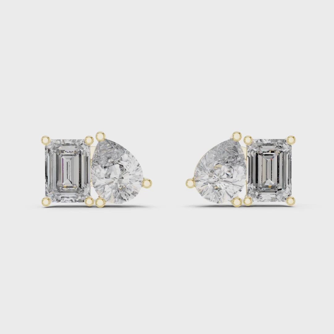 Pear Shape & Emerald Cut 4 ctw Diamond Toi et Moi Stud Earrings - E1152