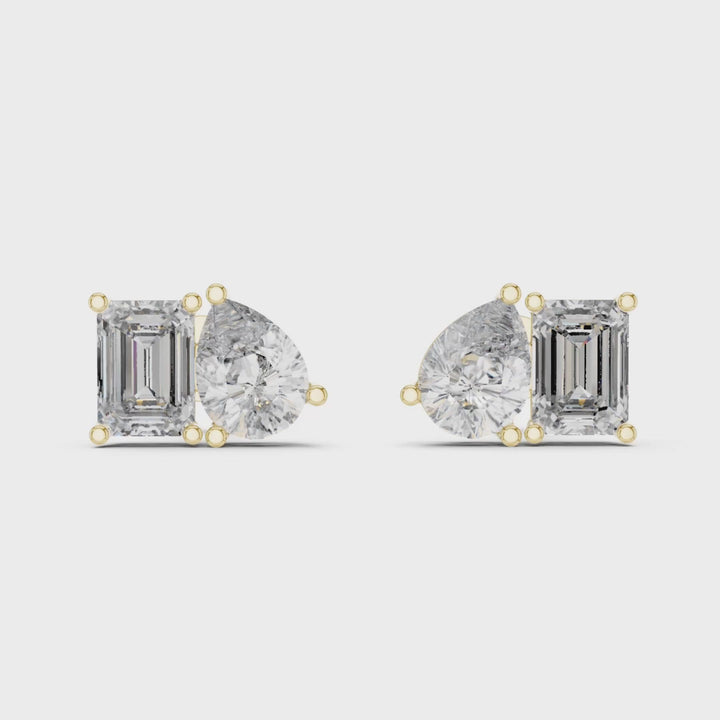 Pear Shape & Emerald Cut 4 ctw Diamond Toi et Moi Stud Earrings - E1152