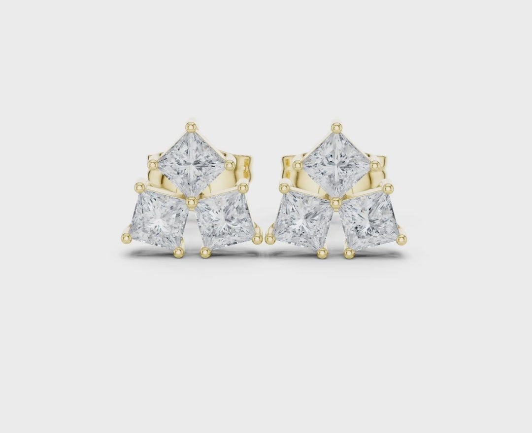 Three Stone Princess Diamond Stud Earrings  - E1126