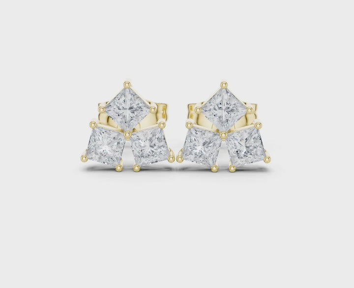 Three Stone Princess Diamond Stud Earrings  - E1126