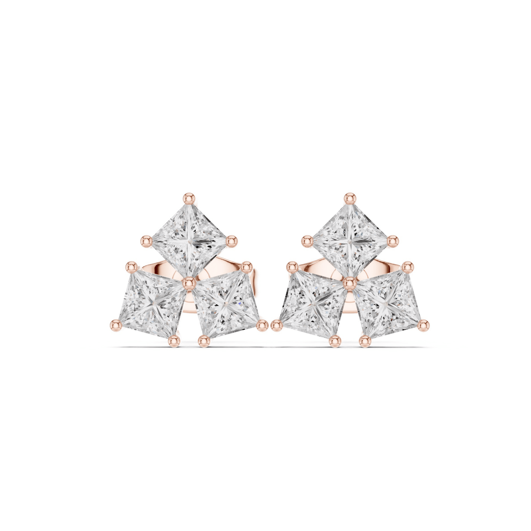 Three Stone Princess Diamond Stud Earrings - E1126 in Earrings by 18 KARATS INC.