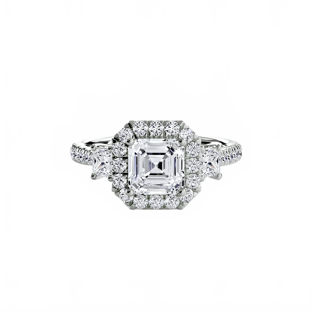 Three - Stone Ring with Halo 2 in setting by 18 KARATS