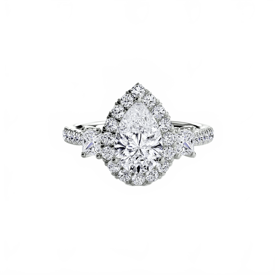 Three - Stone Ring with Halo 2 in setting by 18 KARATS