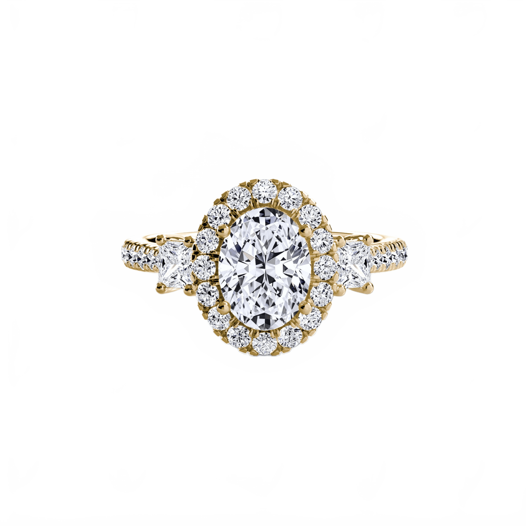 Three - Stone Ring with Halo 2 in setting by 18 KARATS