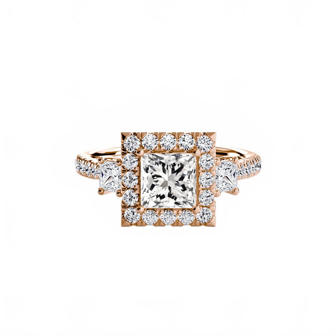 Three - Stone Ring with Halo 2 in setting by 18 KARATS