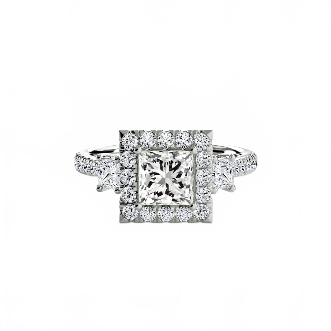 Three - Stone Ring with Halo 2 in setting by 18 KARATS