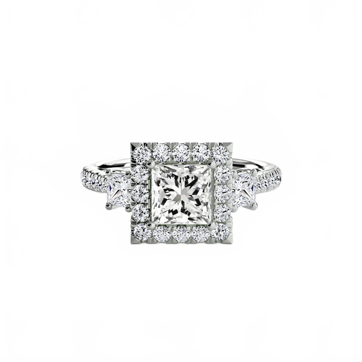 Three - Stone Ring with Halo 2 in setting by 18 KARATS