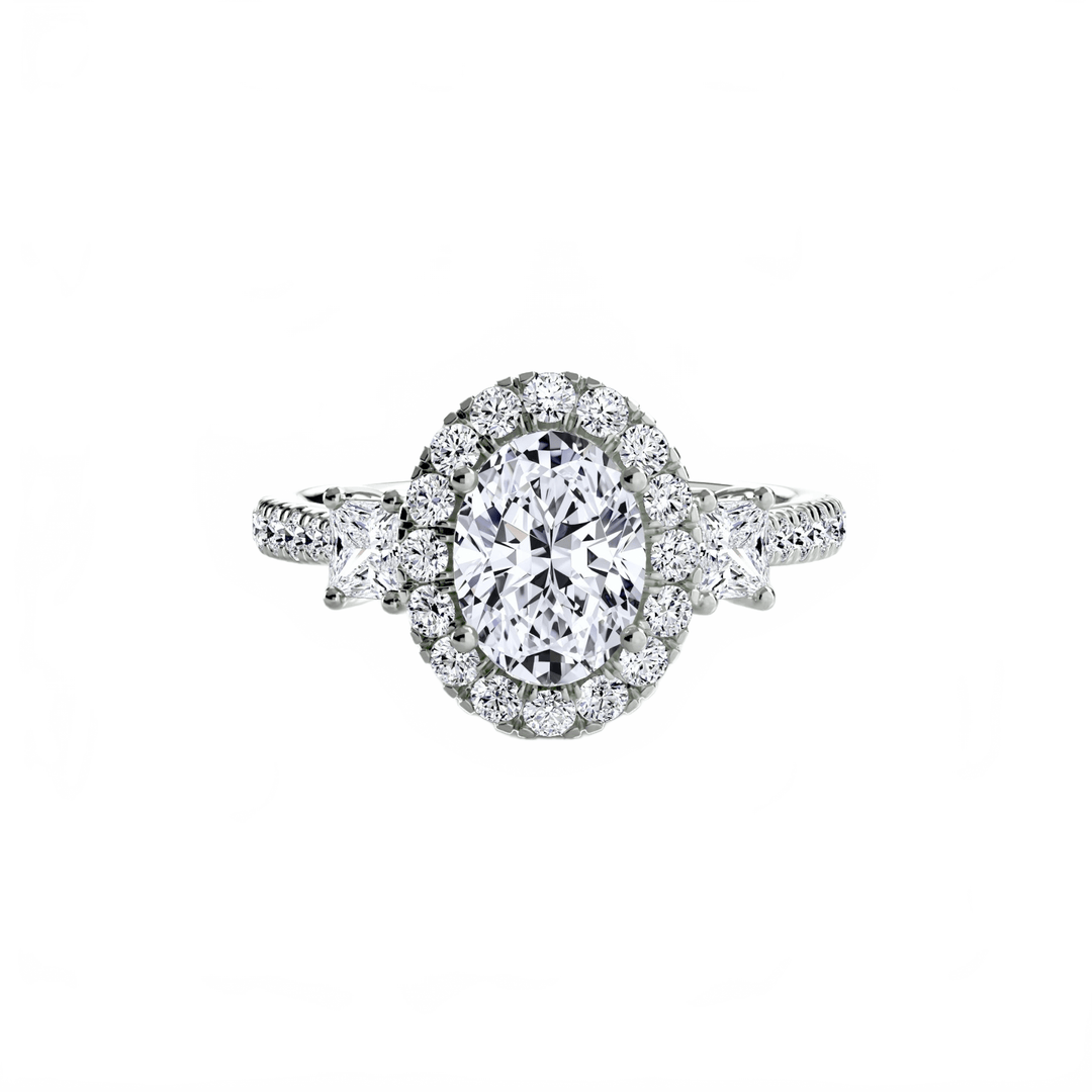 Three - Stone Ring with Halo 2 in setting by 18 KARATS