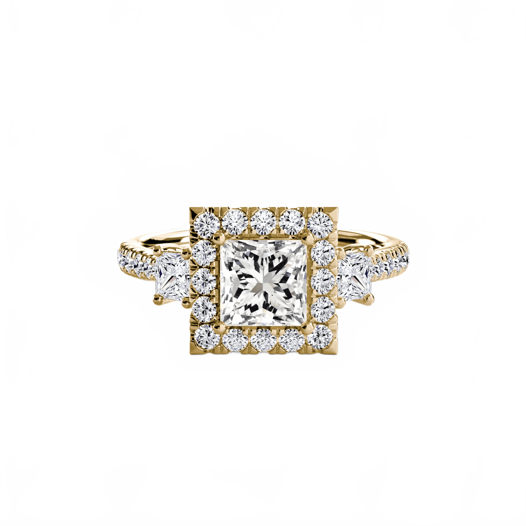 Three - Stone Ring with Halo 2 in setting by 18 KARATS