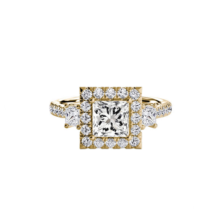 Three - Stone Ring with Halo 2 in setting by 18 KARATS