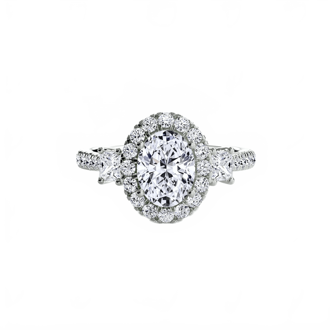 Three - Stone Ring with Halo 2 in setting by 18 KARATS