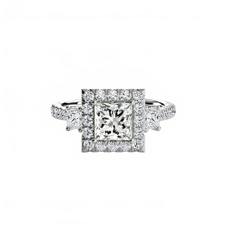 Three - Stone Ring with Halo 2 in setting by 18 KARATS